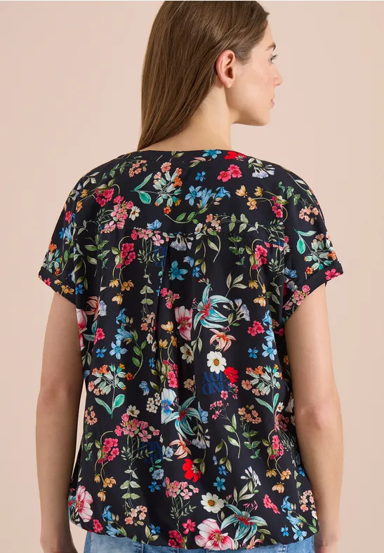 Cecil Damen Bluse mit Split Neck und floralem Muster in Blau, Gr: 3XL
