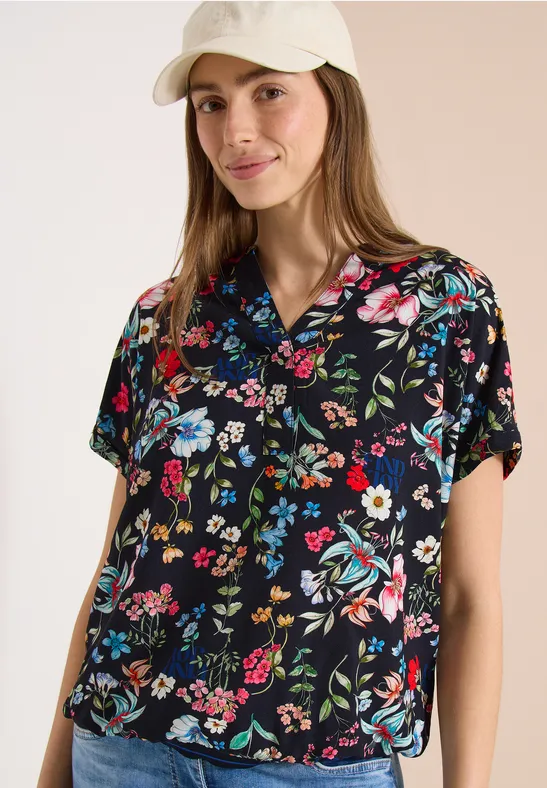Cecil Damen Bluse mit Split Neck und floralem Muster in Blau, Gr: 3XL