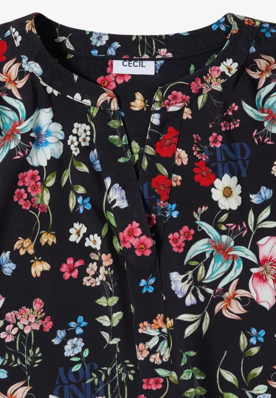 Cecil Damen Bluse mit Split Neck und floralem Muster in Blau, Gr: 3XL