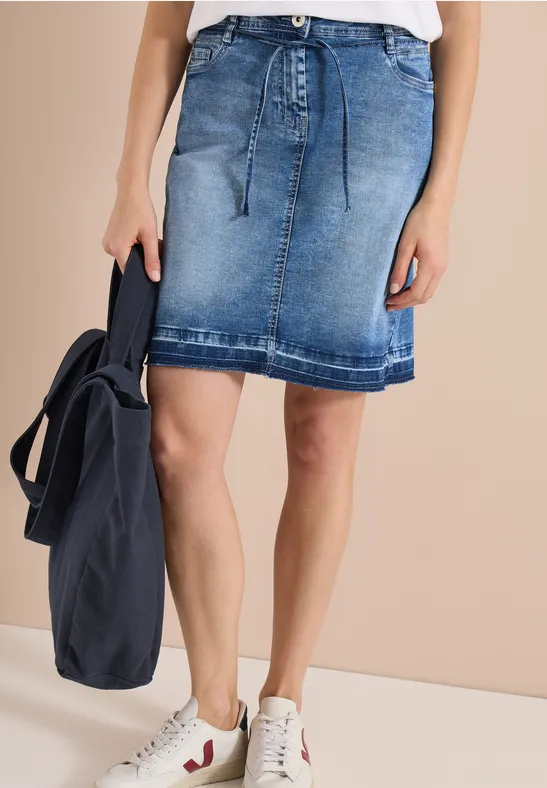 Cecil Damen Knielanger Jeansrock mit Gürteldetail in Blau, Gr: 25