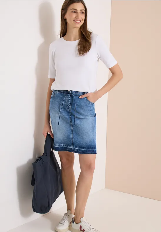 Cecil Damen Knielanger Jeansrock mit Gürteldetail in Blau, Gr: 25