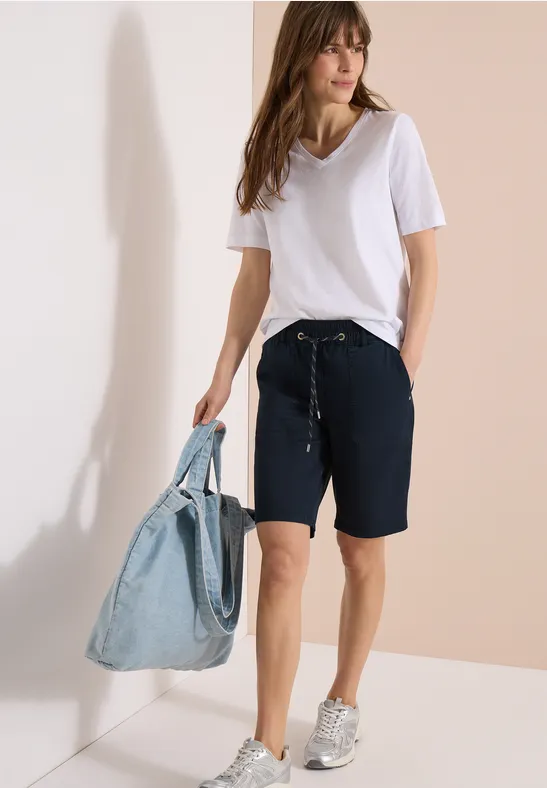 Cecil Damen Mid Waist Straight Leg Shorts im Casual Fit in Blau, Gr: 3XL