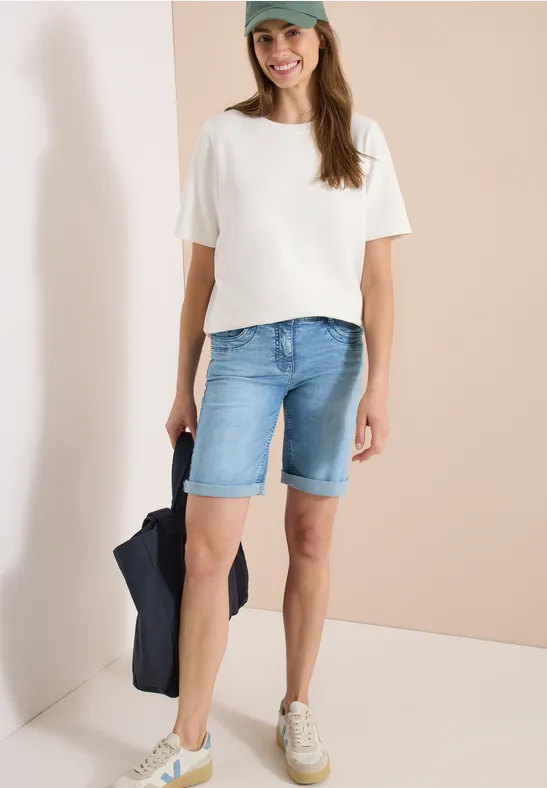 Cecil Damen Slim Leg Jeansshorts im Casual Fit in Blau, Gr: 25