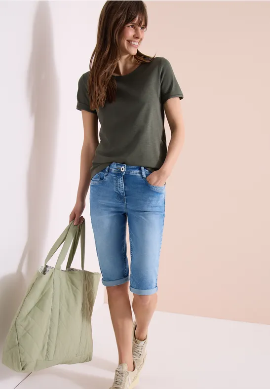 Cecil Damen Straight Leg Jeansshorts im Slim Fit in Blau, Gr: 25
