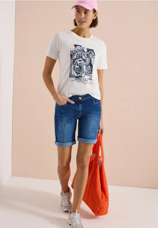 Cecil Damen Slim Leg Jeansshorts im Casual Fit in Blau, Gr: 25