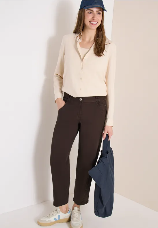 Cecil Damen Mid Waist Barrel Leg Hose im Casual Fit in Braun, Gr: 25