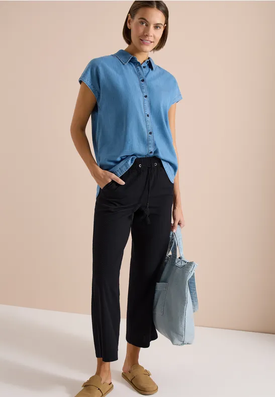 Cecil Damen Wide Leg Hose in Seersuckerqualität in Schwarz, Gr: XXL