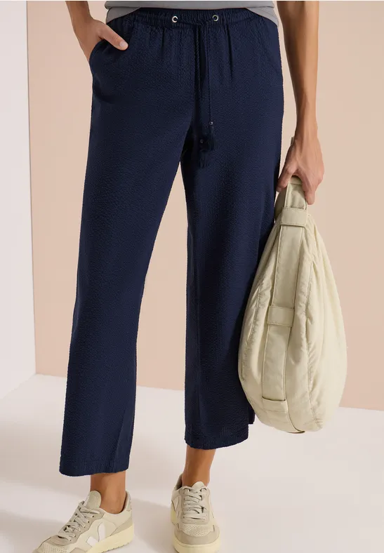 Cecil Damen Wide Leg Hose in Seersuckerqualität in Blau, Gr: XXL