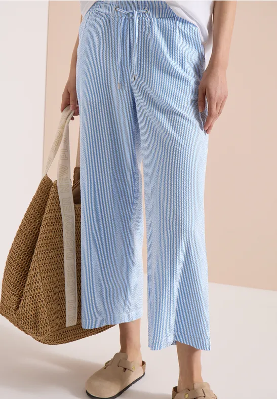 Cecil Damen Wide Leg Hose in Seersuckerqualität in Blau, Gr: XXL