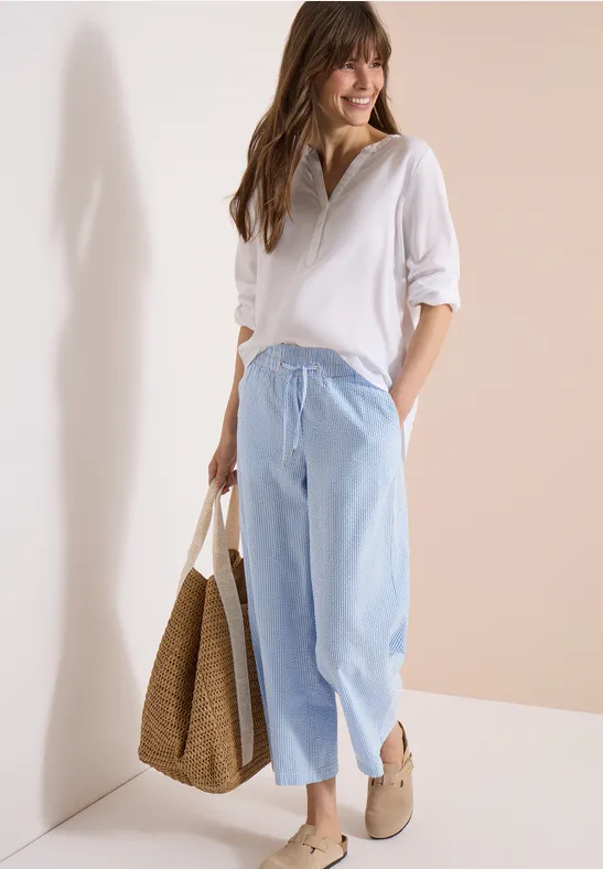 Cecil Damen Wide Leg Hose in Seersuckerqualität in Blau, Gr: XXL