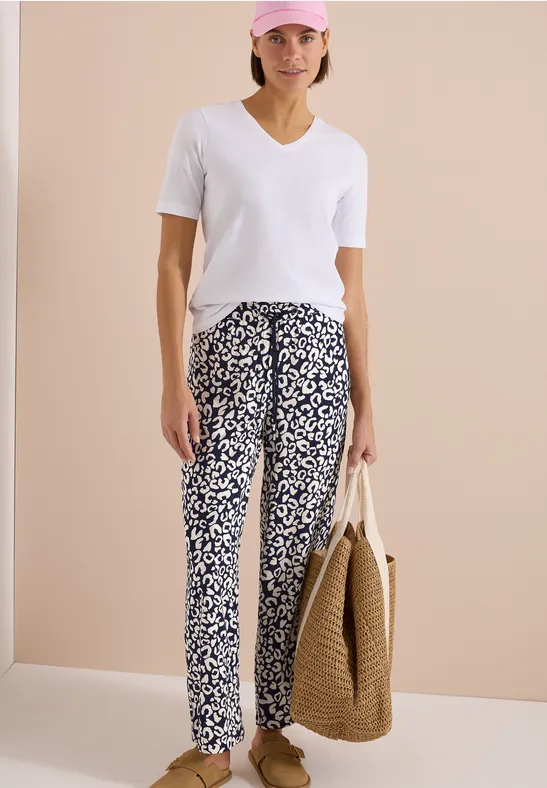 Cecil Damen Wide Leg Hose im Loose Fit mit Leo-Print in Blau, Gr: XXL