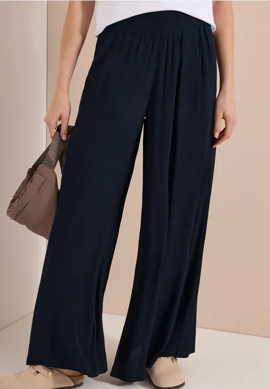 Cecil Damen Wide Leg Hose mit Crepe Struktur in Blau, Gr: XXL