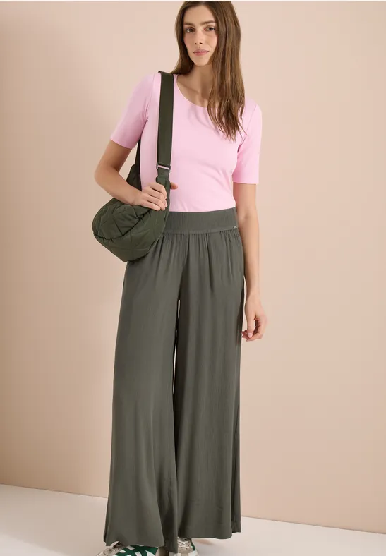 Cecil Damen Wide Leg Hose mit Crepe Struktur in Grün, Gr: XXL