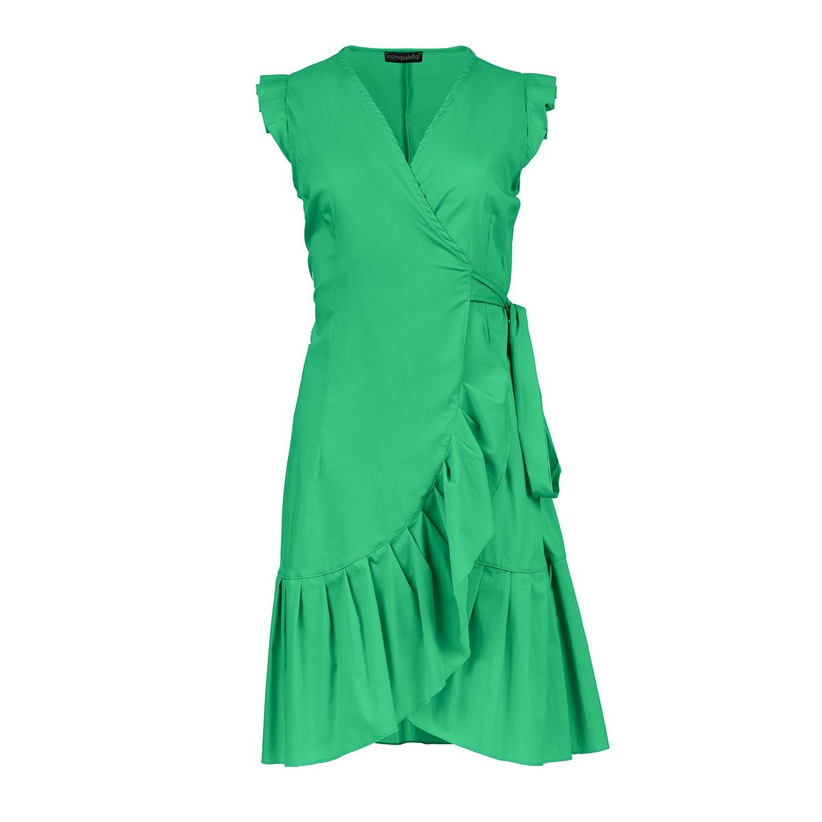 Grünes ärmelloses Wickelkleid mit Rüschen aus Viskose-Popeline