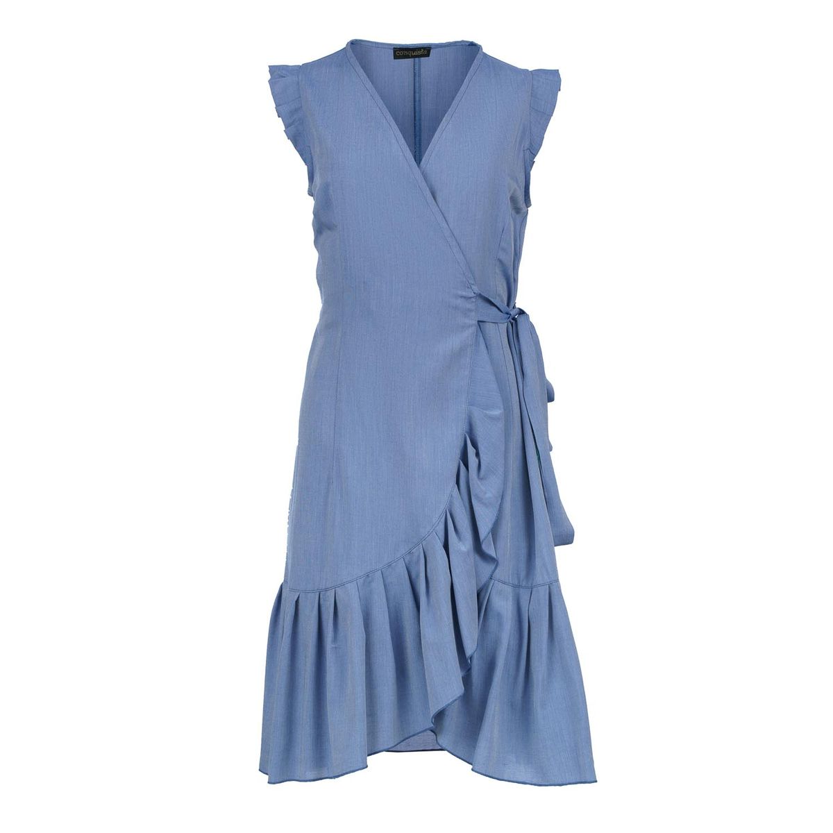 Ärmelloses Wickelkleid mit Rüschen aus Denim-Tencel-Popeline