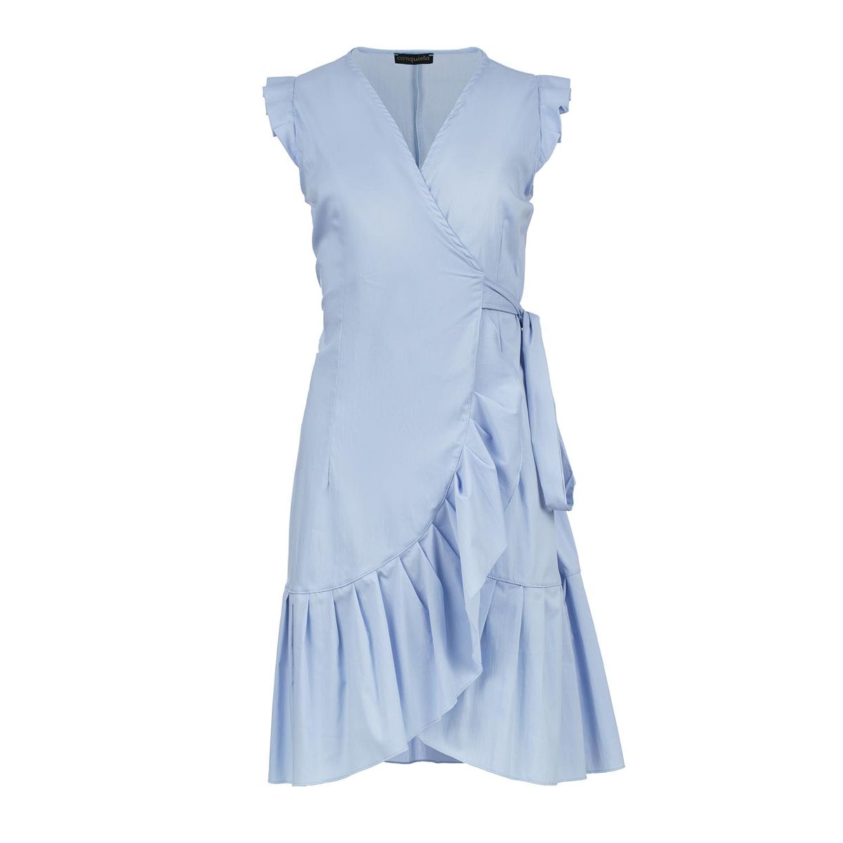 Ärmelloses Wickelkleid mit Rüschen in Himmelblau aus Baumwollpopeline