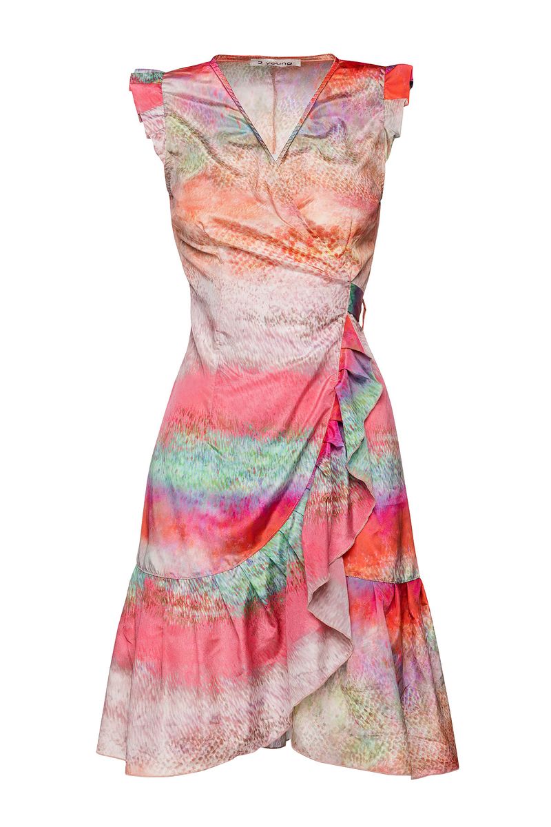 Kleid aus leichtem Satin mit abstraktem Druck in Sonnenuntergangsfarben