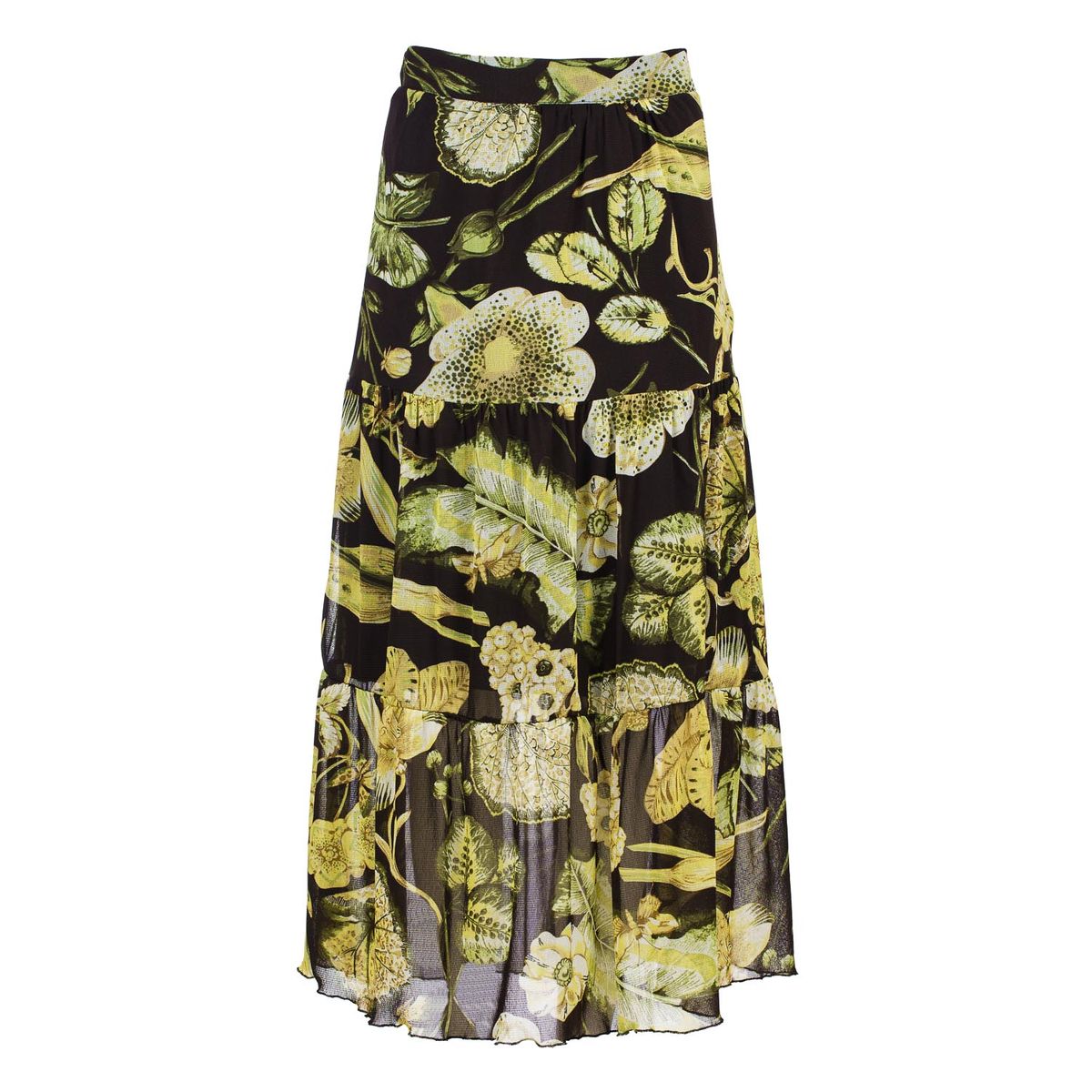 Blumenmuster-Rock aus transparentem Stoff – Stufenoptik, semi-maxi Länge, elastischer Bund