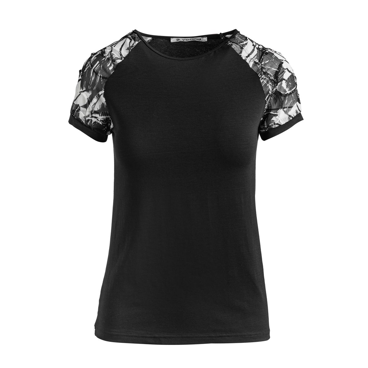 Schwarzes Top mit Netz-Jacquard-Ärmeln aus nachhaltigem Stretch-Jersey-Stoff