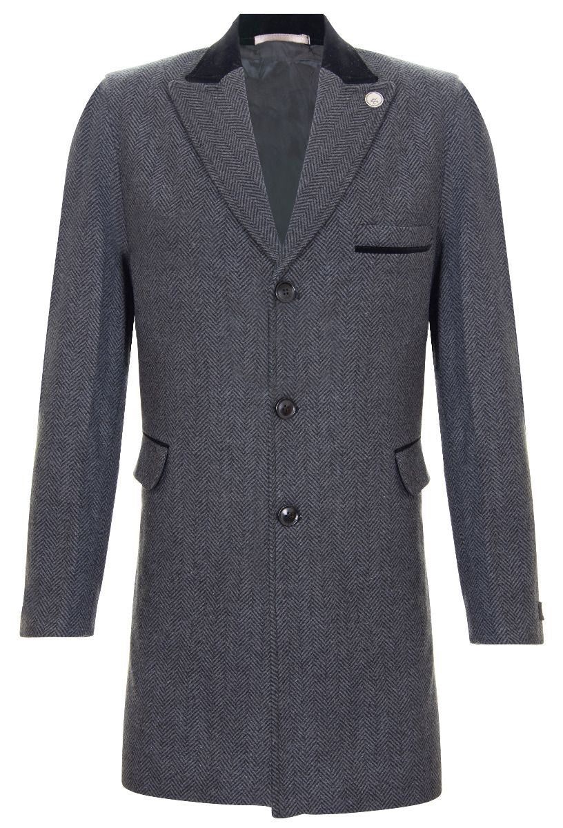 Grauer Crombie-Mantel für Herren, 3/4 lang, Herringbone-Tweed-Mantel, Peaky Blinder