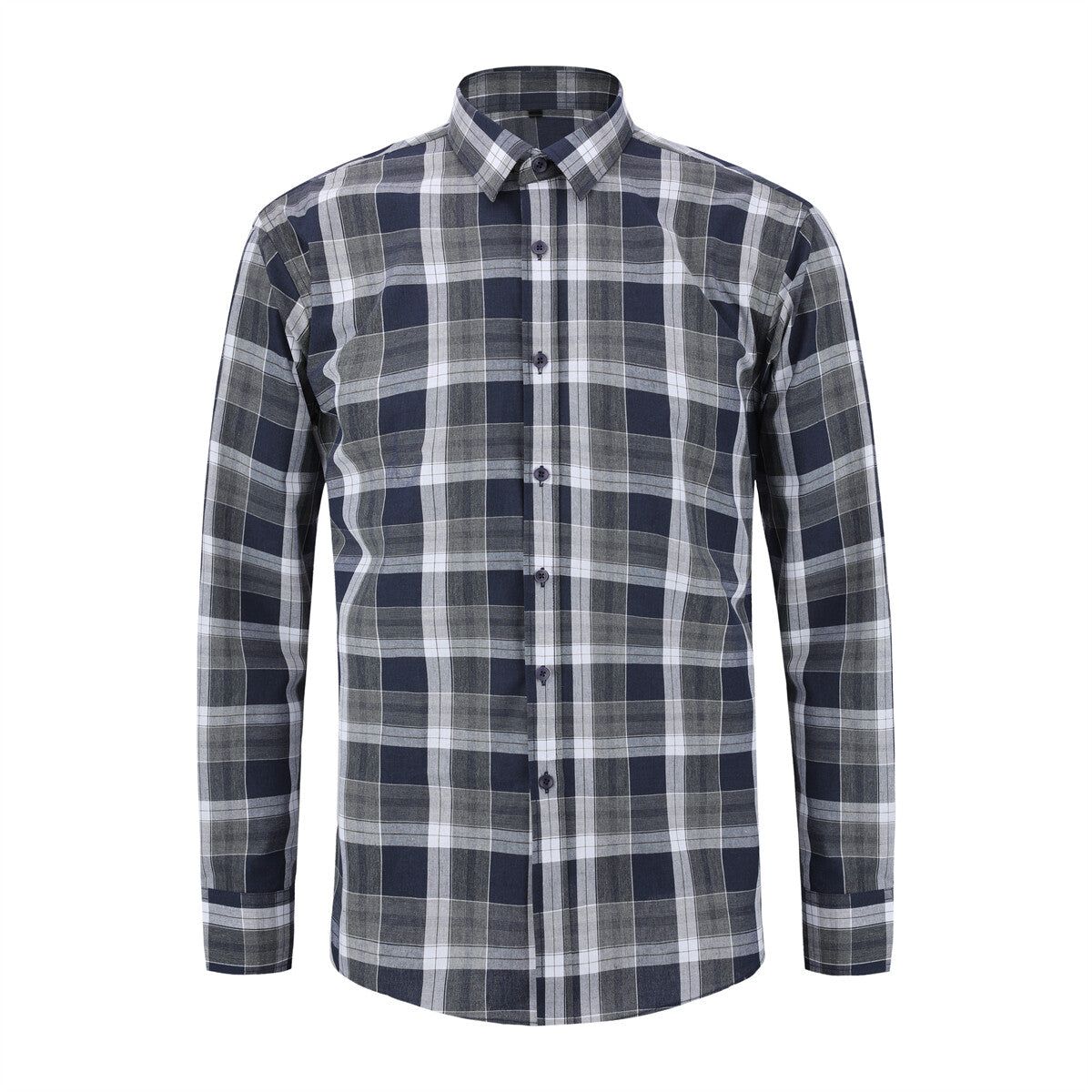 Herren Einfarbig Revers Langarm Hemd Plaid Blau