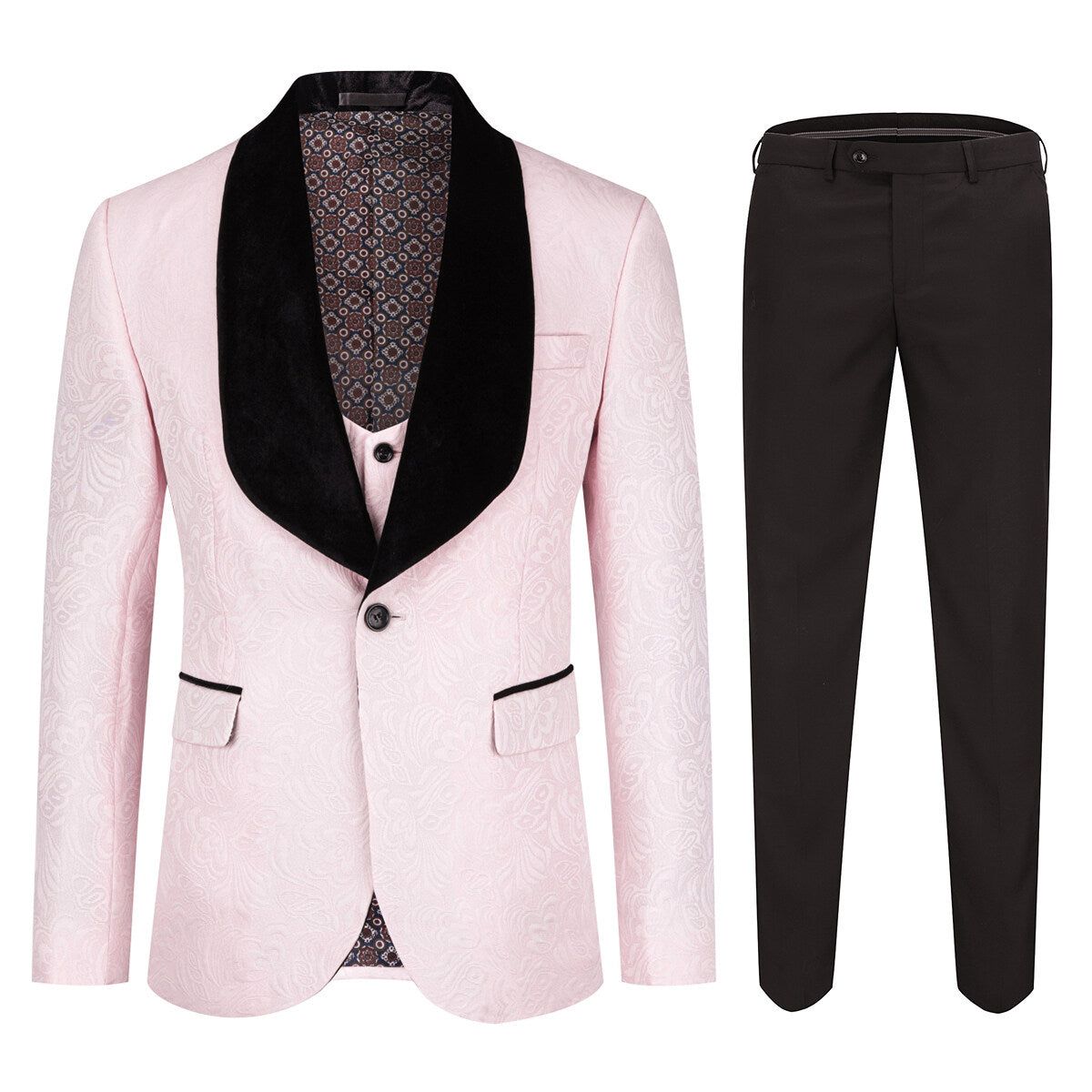 3-teiliger rosa Paisley-Anzug mit Schalkragen