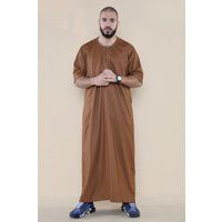 Brauner Thobe Jubba für Herren, islamischer arabischer marokkanischer Saudi-Kaftan mit Reißverschluss und arabischer Robe