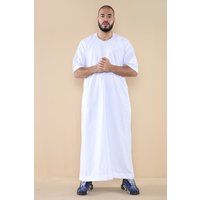 Weißer Thobe Jubba für Herren, islamischer arabischer marokkanischer Saudi-Kaftan mit Reißverschluss und arabischer Robe
