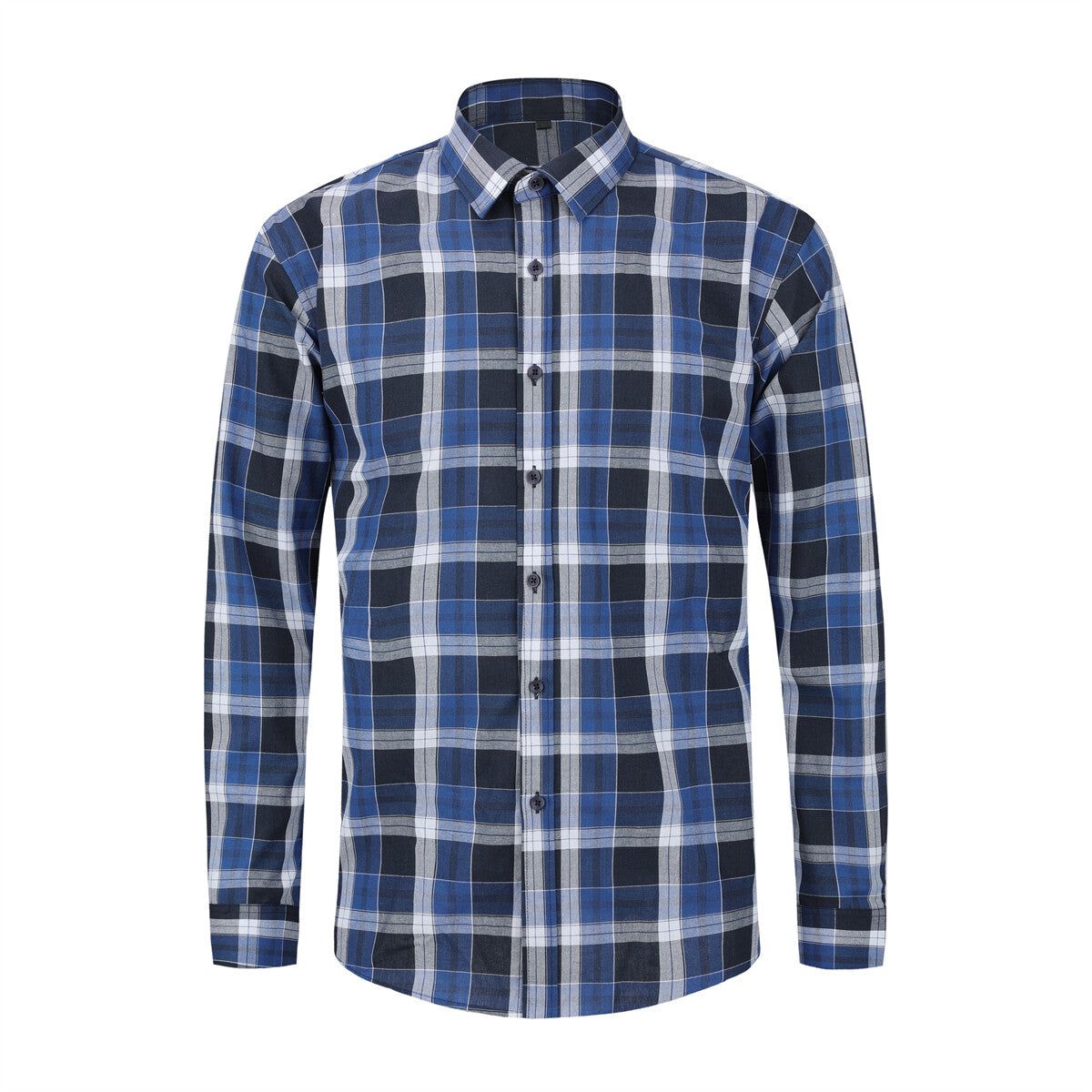 Herren Einfarbig Revers Langarm Hemd Plaid Dunkelblau