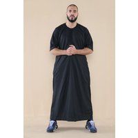 Schwarzer Thobe Jubba für Herren, islamischer arabischer marokkanischer Saudi-Kaftan mit Reißverschluss und arabischer Robe