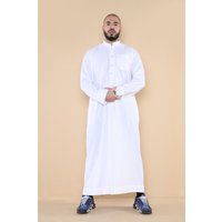 Weißer Thobe Jubba für Herren, saudischer islamischer arabischer Eid-Kaftan aus Baumwolle, Jubbah Umrah Robe