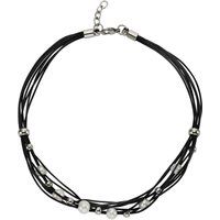 Zeeme Stainless Steel Halskette Leder schwarz mit Stahlkugeln und weißen Perlen