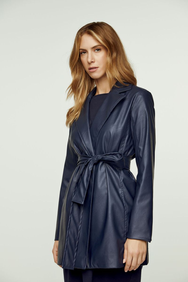 Marineblaue Kunstlederjacke mit Gürtel