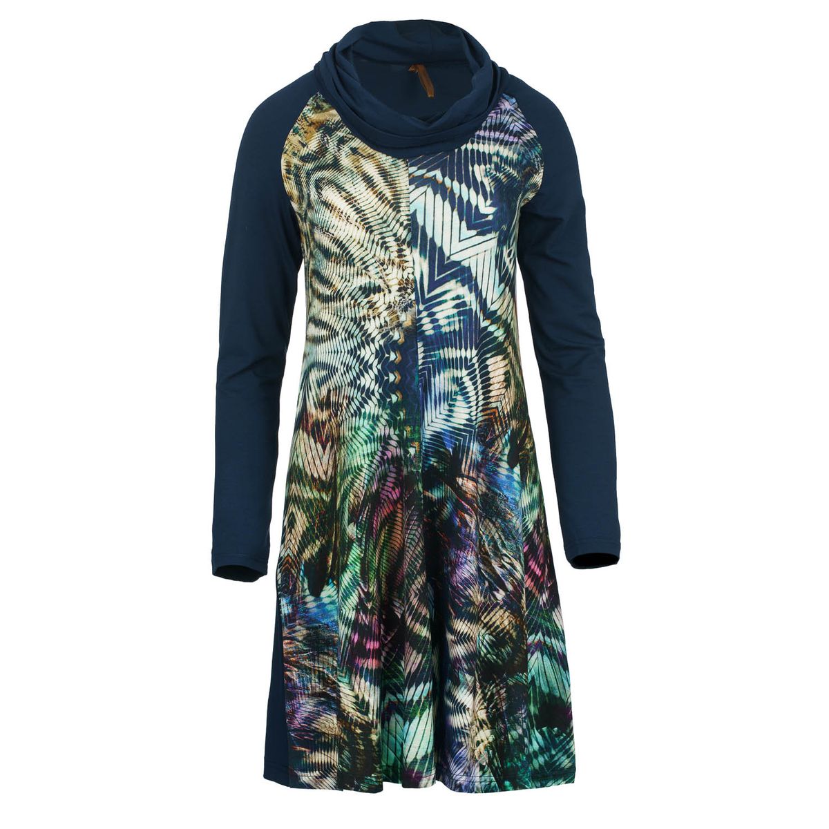 A-Linien-Kleid mit Rollkragen aus bedrucktem und einfarbigem Stretch-Jersey
