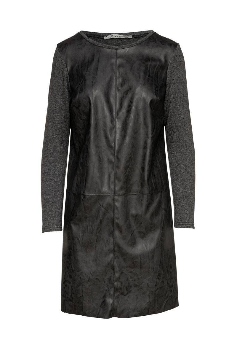Dunkelgraues Strickkleid mit Kunstlederdetails