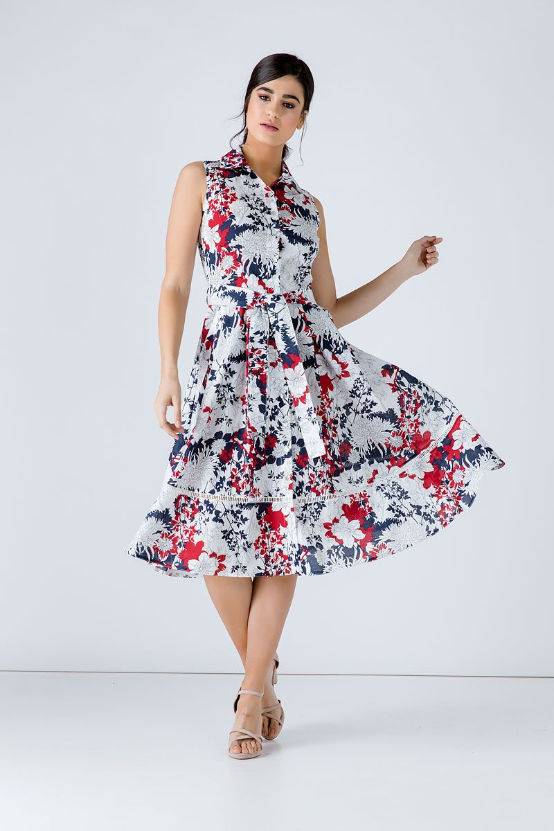 Baumwoll-Hemdblusenkleid mit Blumenmuster