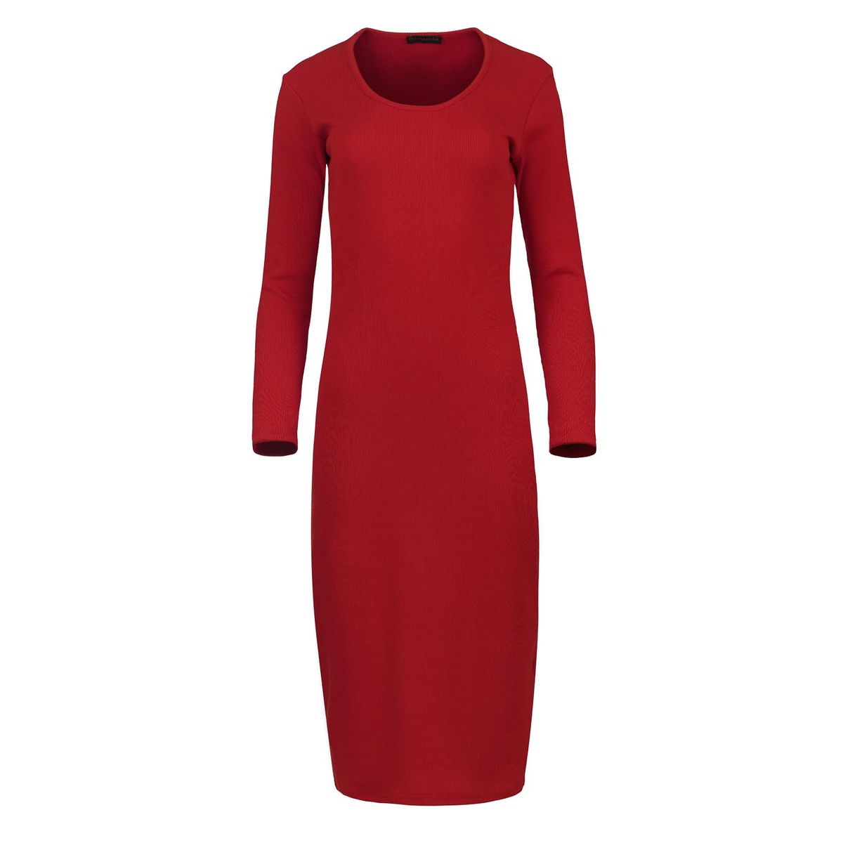 Langärmliges Midikleid mit Rundhalsausschnitt aus gerippter Baumwoll-Elastan-Mischung in Rot