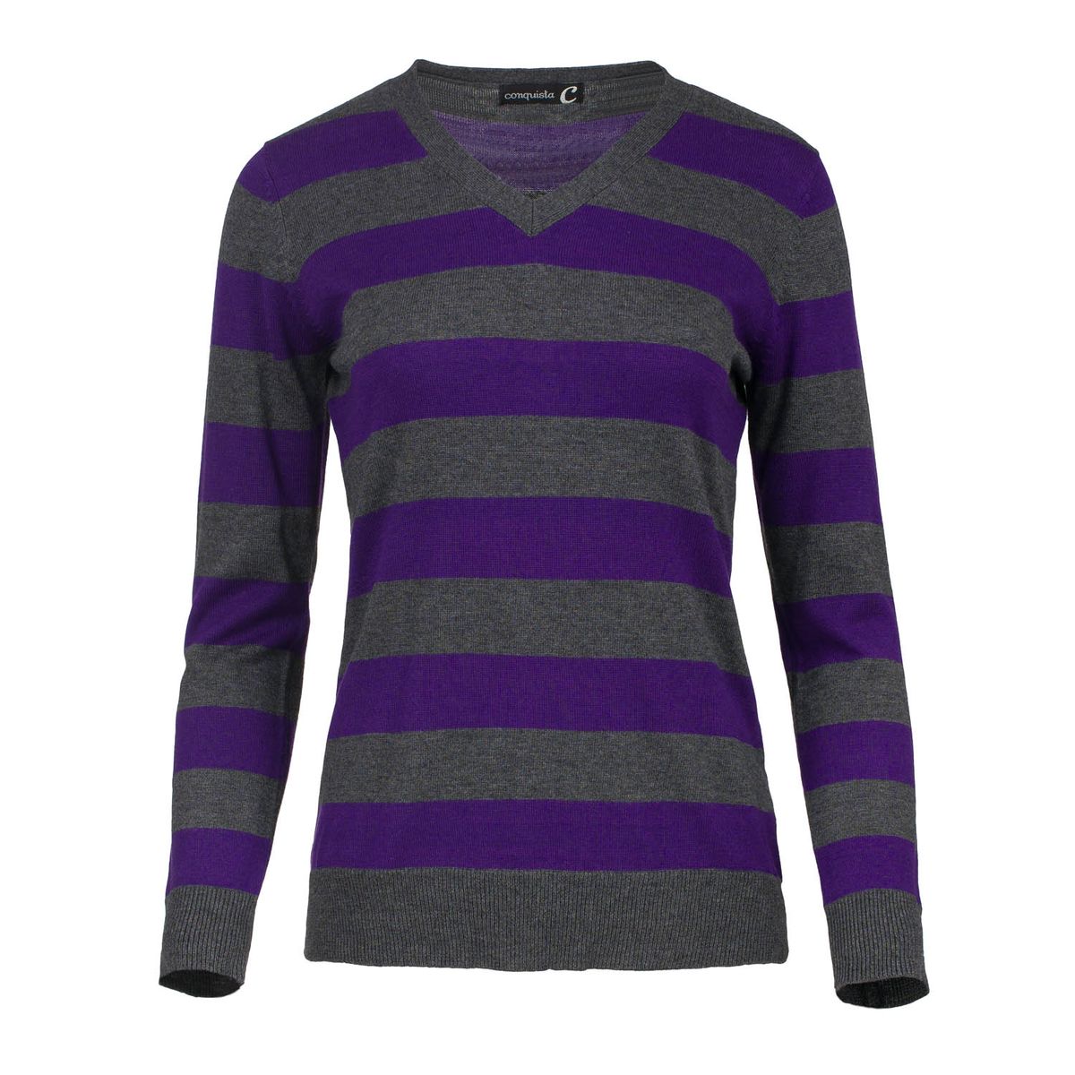Langärmeliger gestreifter Strickpullover mit V-Ausschnitt