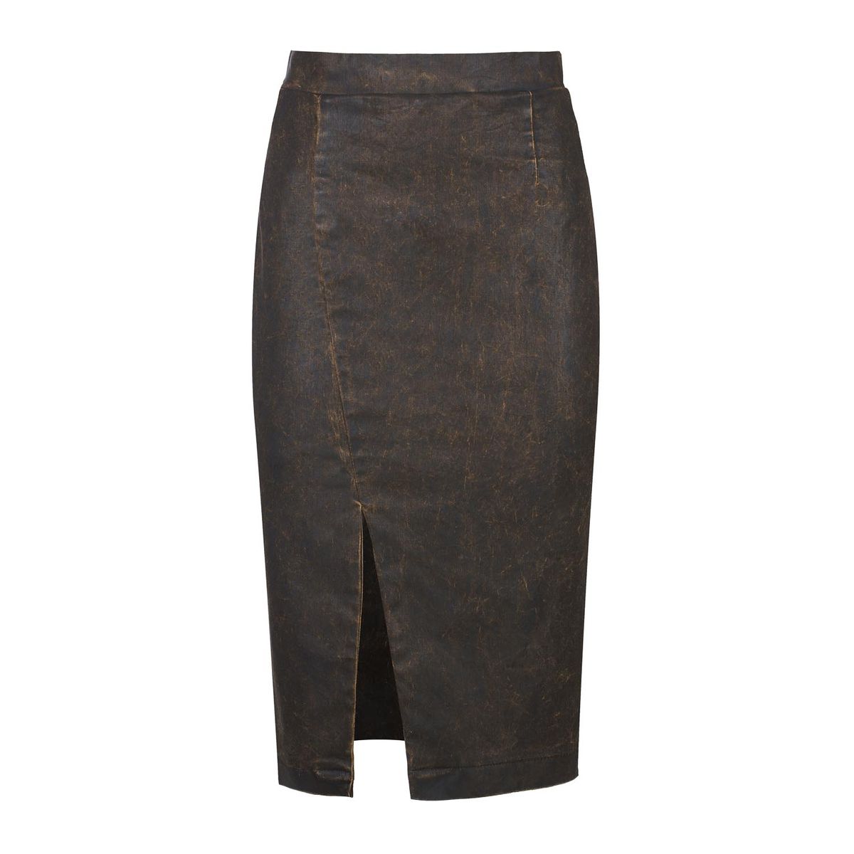 Dunkelbrauner Midi-Rock im Jeans-Look mit Waschung – Frontschlitz, Verdeckter Reißverschluss
