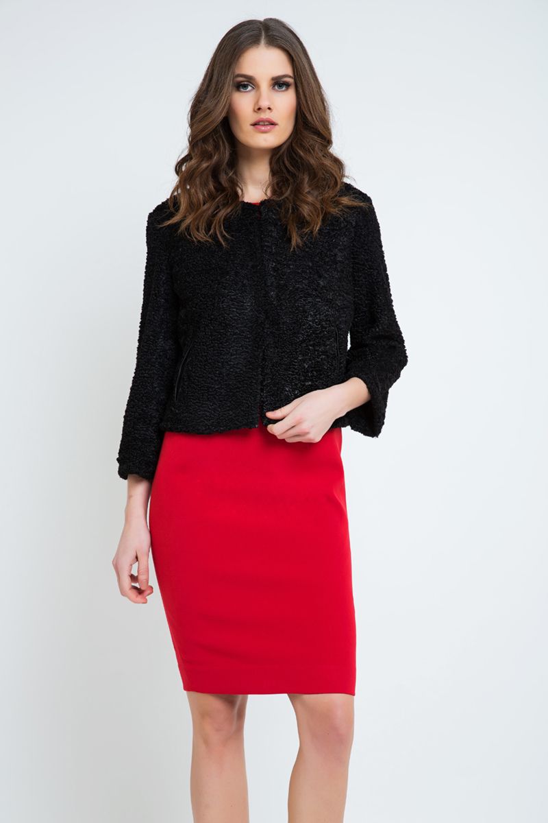 Schwarze Astrakhan-Jacke mit Plissee-Detail