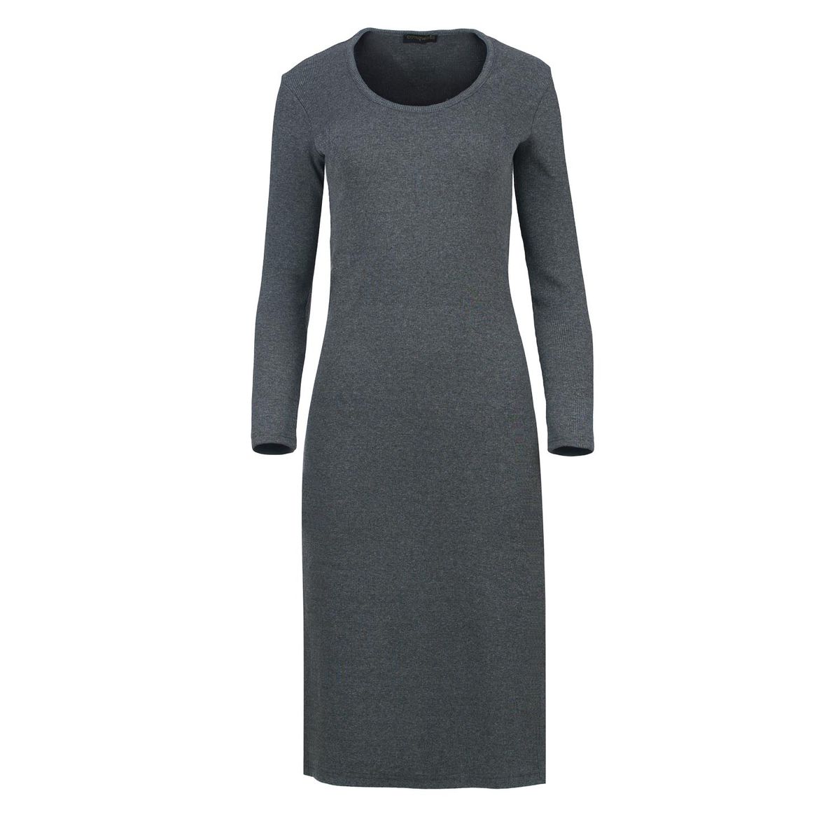 Langärmliges Midikleid mit Rundhalsausschnitt aus gerippter Baumwoll-Elastan-Mischung in Anthrazit