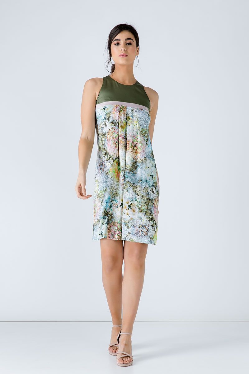 A-Linien-Kleid mit khakifarbenem Blumenmuster