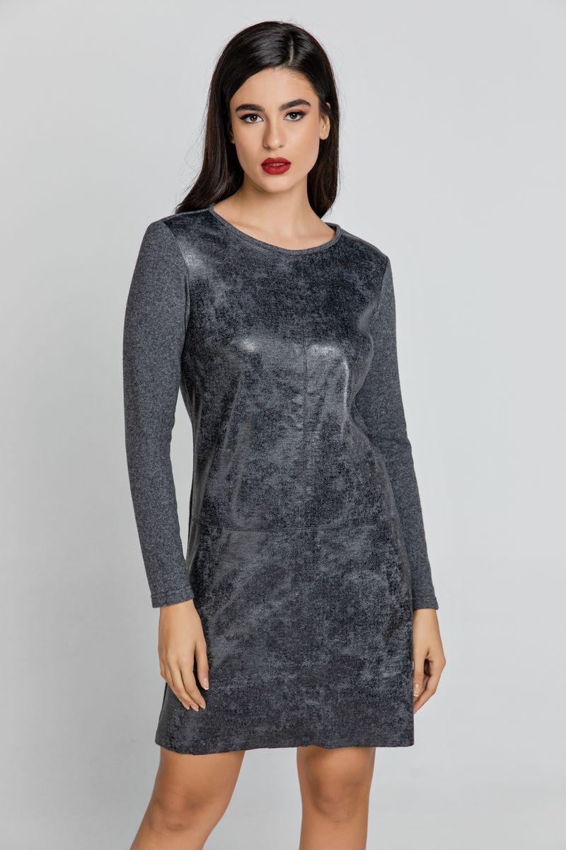 Dunkelgraues Kleid mit Kunstlederfront