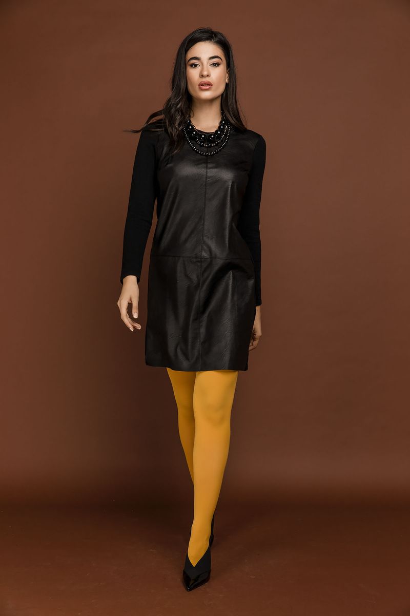 Schwarzes Kleid mit Kunstledereinsatz von Si Fashion