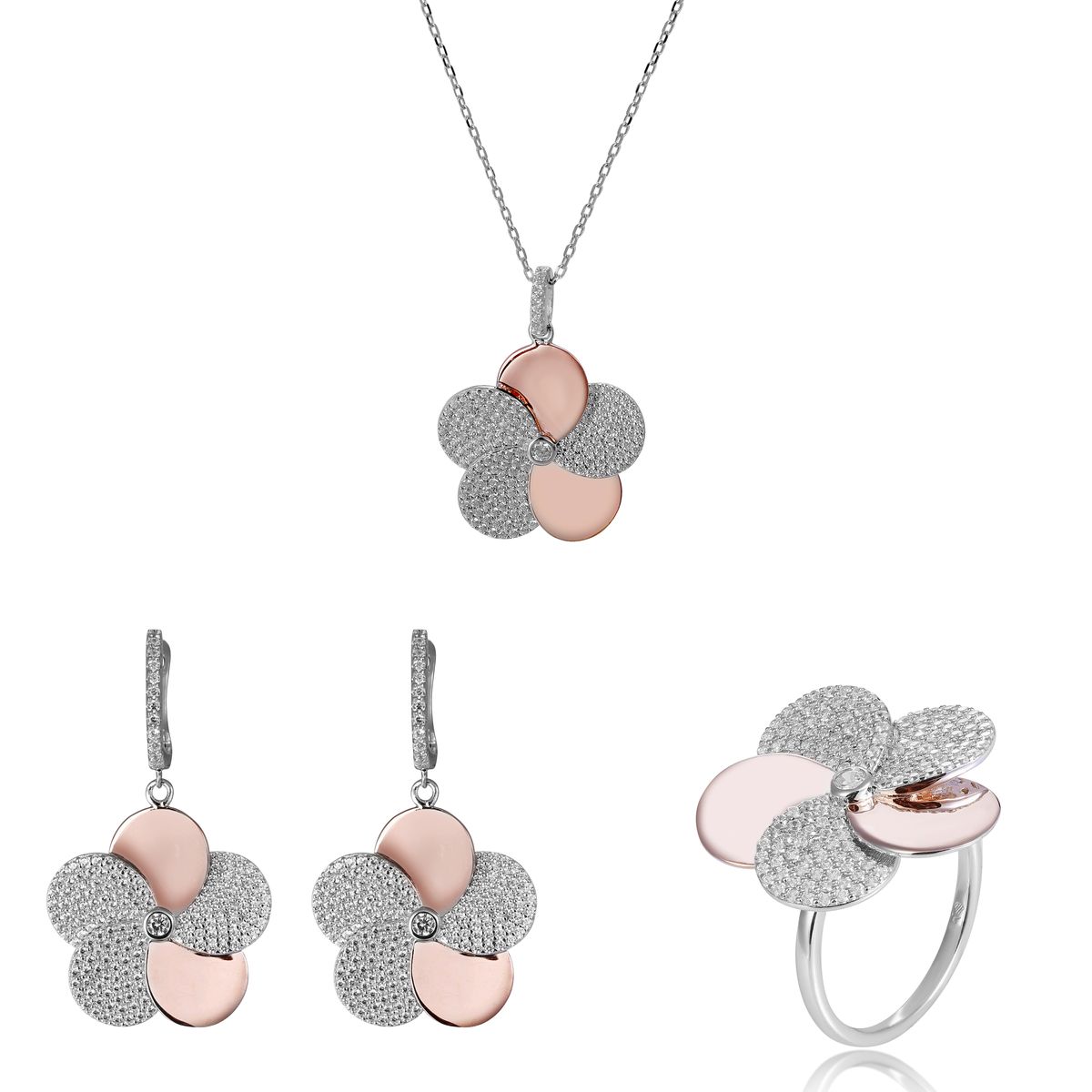 Orphelia 'Fioni' Damen-Set aus 925er Sterlingsilber: Halskette + Ohrringe + Ring – Silber/Rosé SET-7452