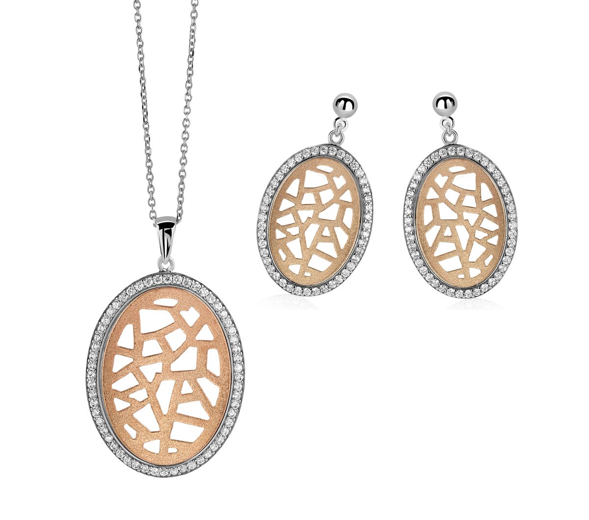 Orphelia Damen 925 Sterling Silber Set: Kettenanhänger + Ohrringe - Silber/Rose SET-064