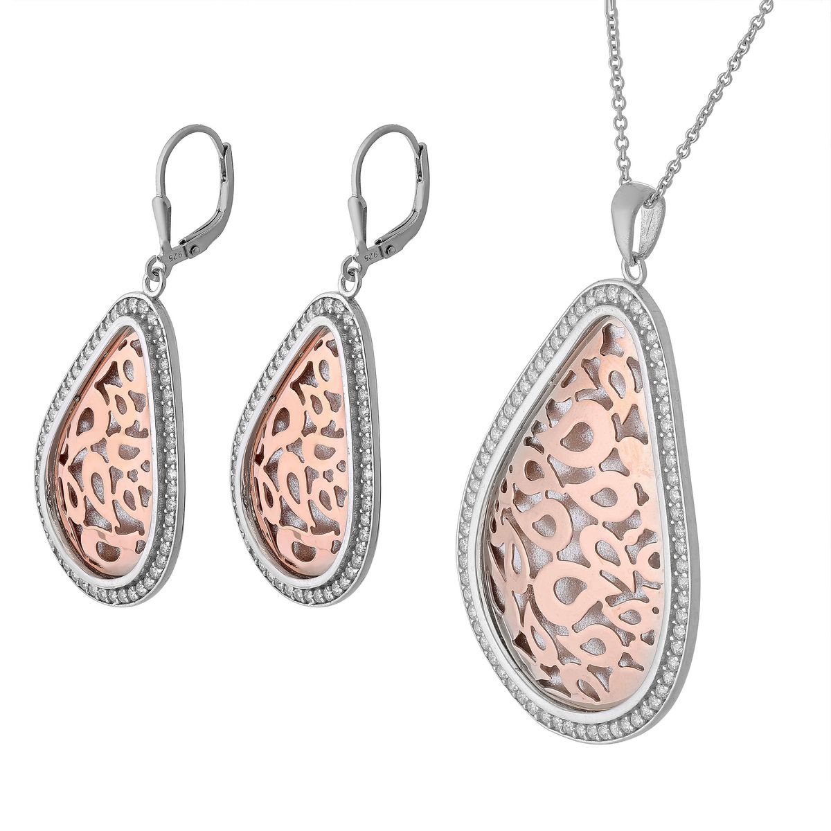 Orphelia Damen 925 Sterling Silber Set: Kettenanhänger + Ohrringe - Silber/Rose SET-068
