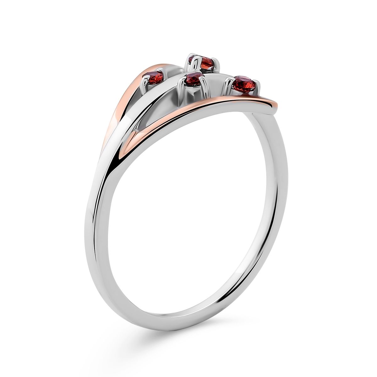 Bicolor-Ring mit roten Schmucksteinen