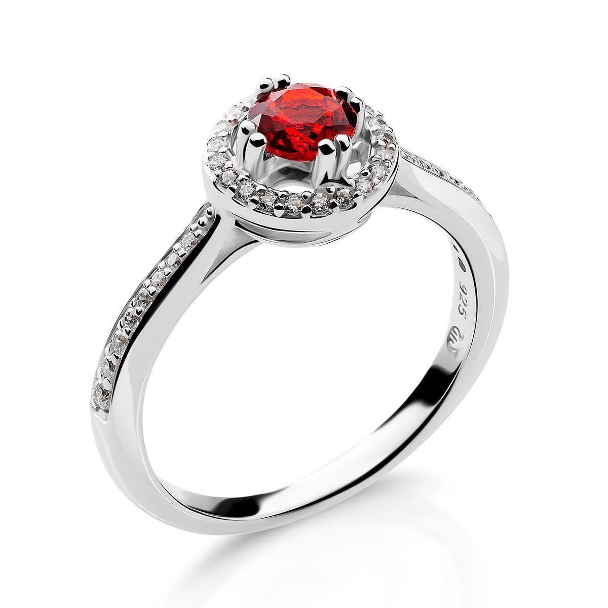 Klassischer Halo-Ring mit rotem Stein