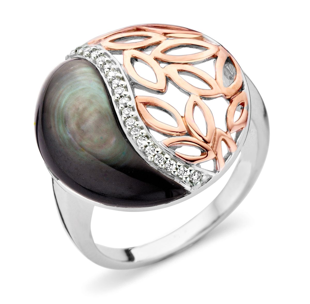 Perlmutt-Statement-Ring mit Blättermotiv